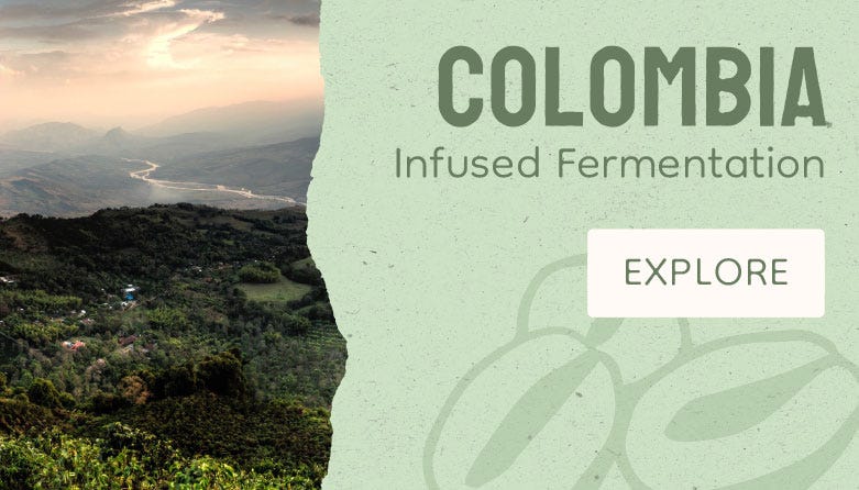 A promotional banner for infused green coffee from Colombia